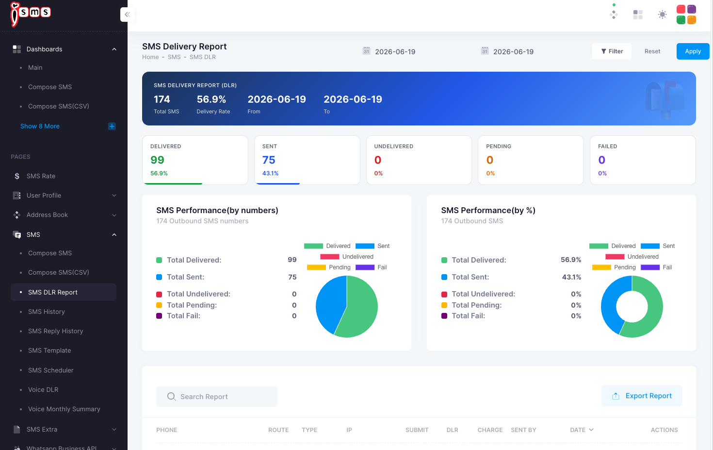 The iSMS SMS Delivery (DLR) report: total SMS and delivery rate, status cards, and performance charts by number and by percentage.